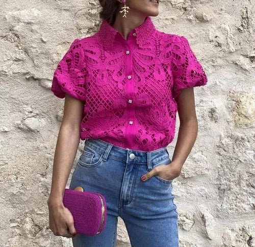 ‘Alegra’ Pink Embroidered Lace Shirt
