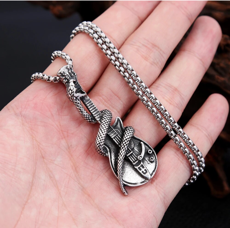 Punk Gothic Guitar Snake Pendant Necklace Vintage