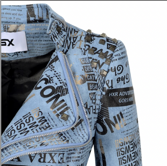 New Europe Blue Suede Newspaper Print Jacket