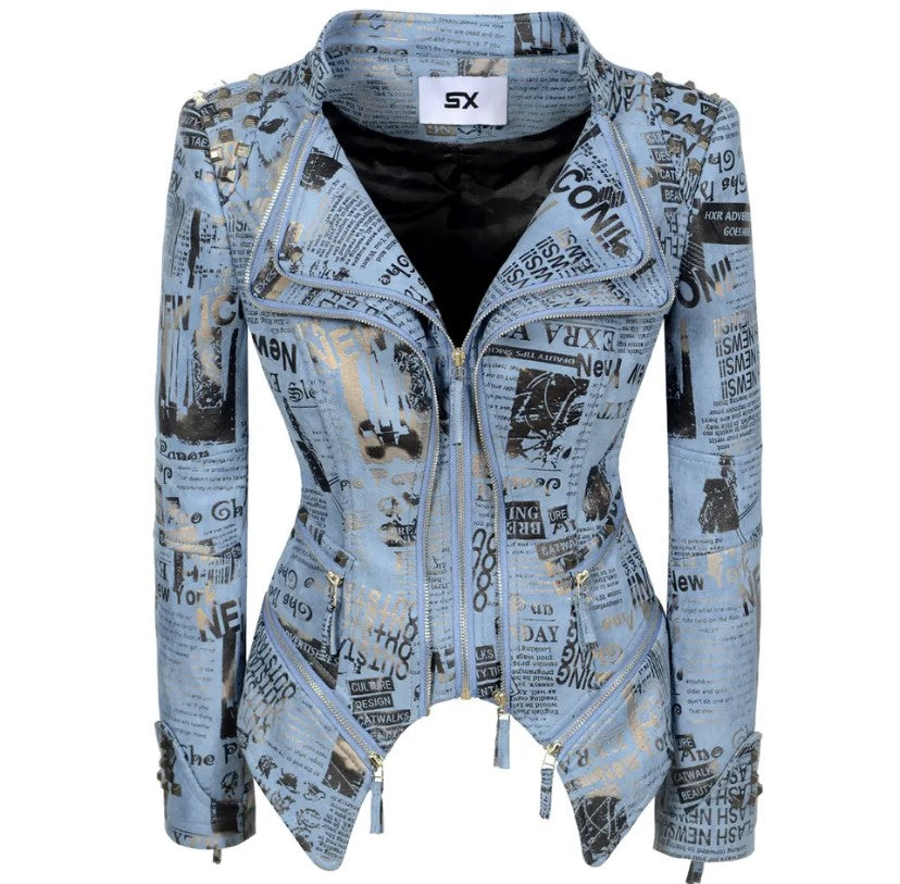 New Europe Blue Suede Newspaper Print Jacket