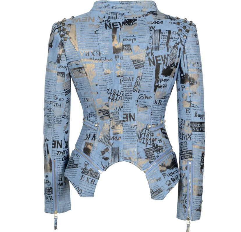 New Europe Blue Suede Newspaper Print Jacket