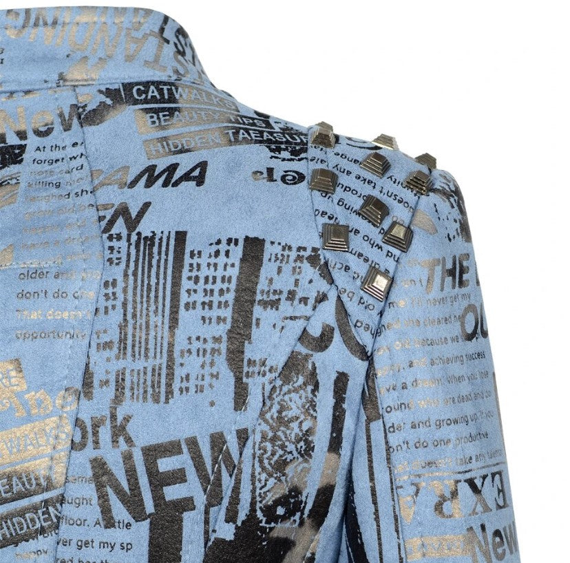 New Europe Blue Suede Newspaper Print Jacket
