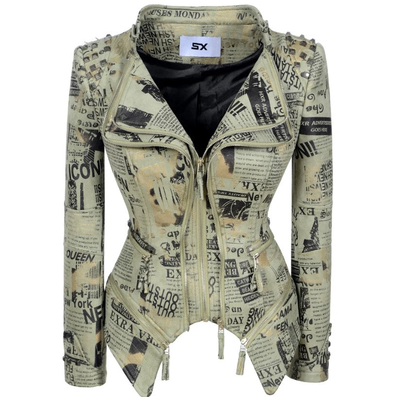 New Europe Green Suede Newspaper Print Jacket