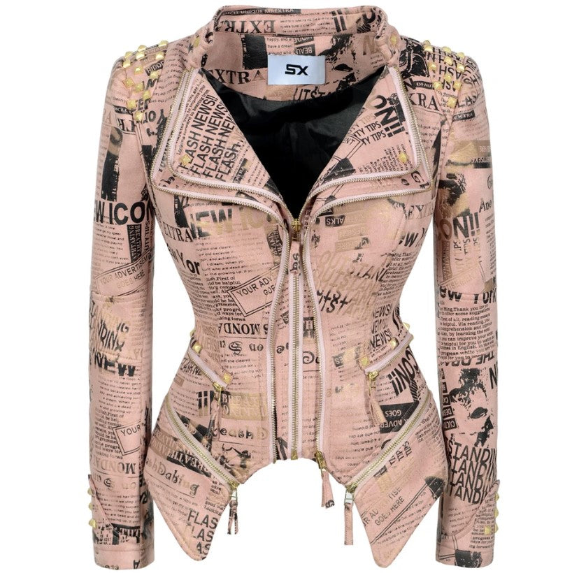 New Europe Pink Suede Newspaper Print Jacket