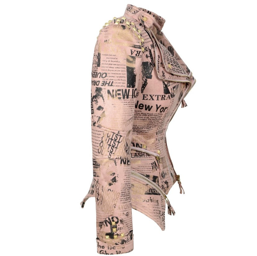 New Europe Pink Suede Newspaper Print Jacket