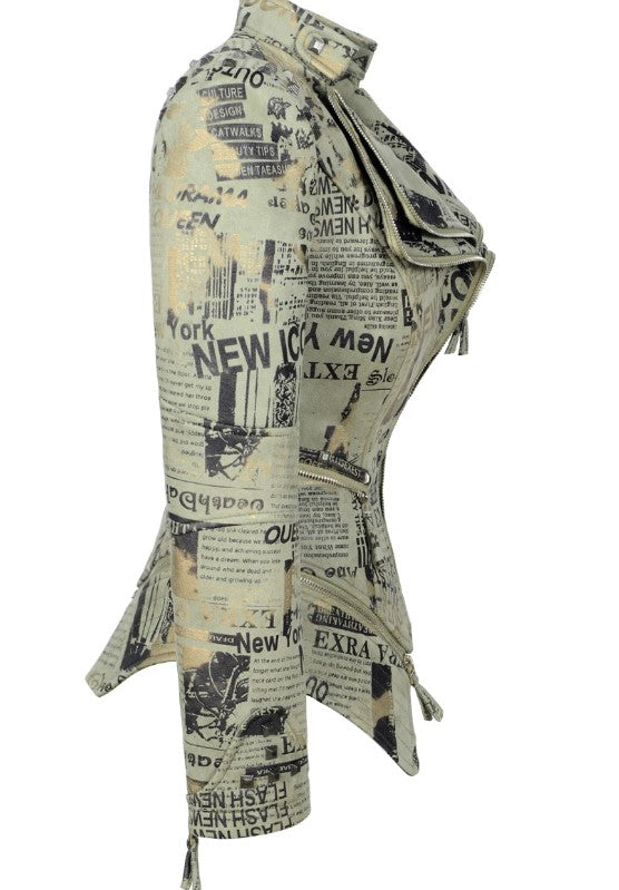 New Europe Green Suede Newspaper Print Jacket