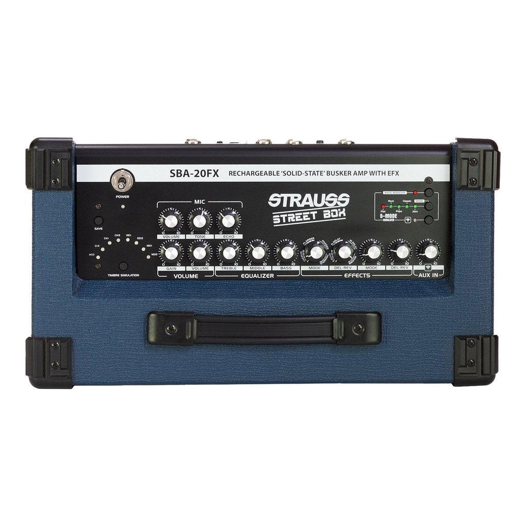Strauss SBA-20FX 'Streetbox' 20 Watt Solid State Rechargeable DC Amplifier (Blue) - Musiclandshop