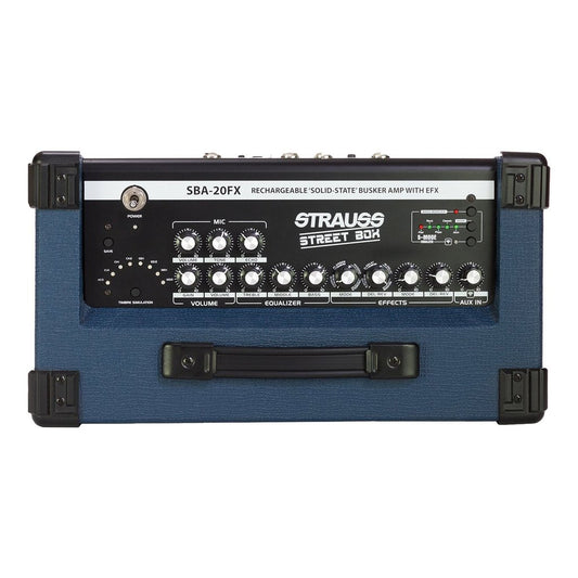 Strauss SBA-20FX 'Streetbox' 20 Watt Solid State Rechargeable DC Amplifier (Blue) - Musiclandshop