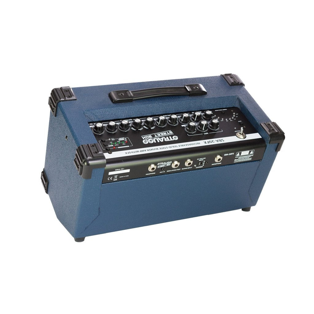 Strauss SBA-20FX 'Streetbox' 20 Watt Solid State Rechargeable DC Amplifier (Blue) - Musiclandshop