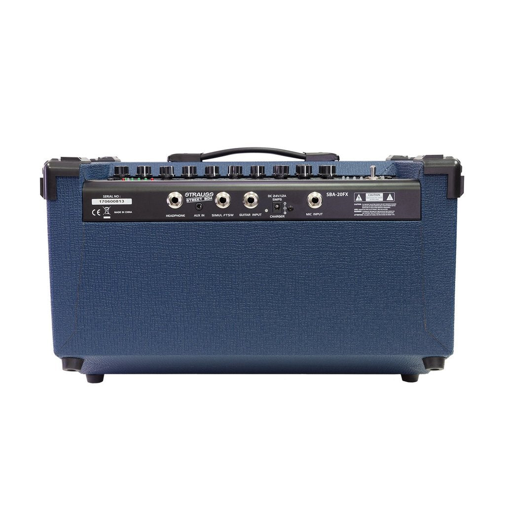 Strauss SBA-20FX 'Streetbox' 20 Watt Solid State Rechargeable DC Amplifier (Blue) - Musiclandshop