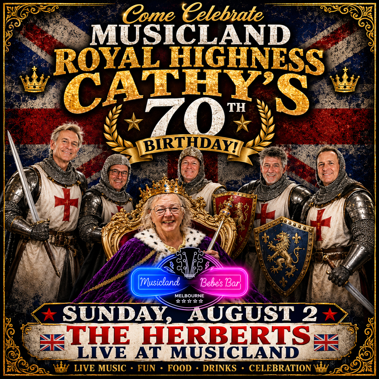Come Celebrate the Queen of Musicland's 70th Birthday! With The Herberts Live at Musicland
