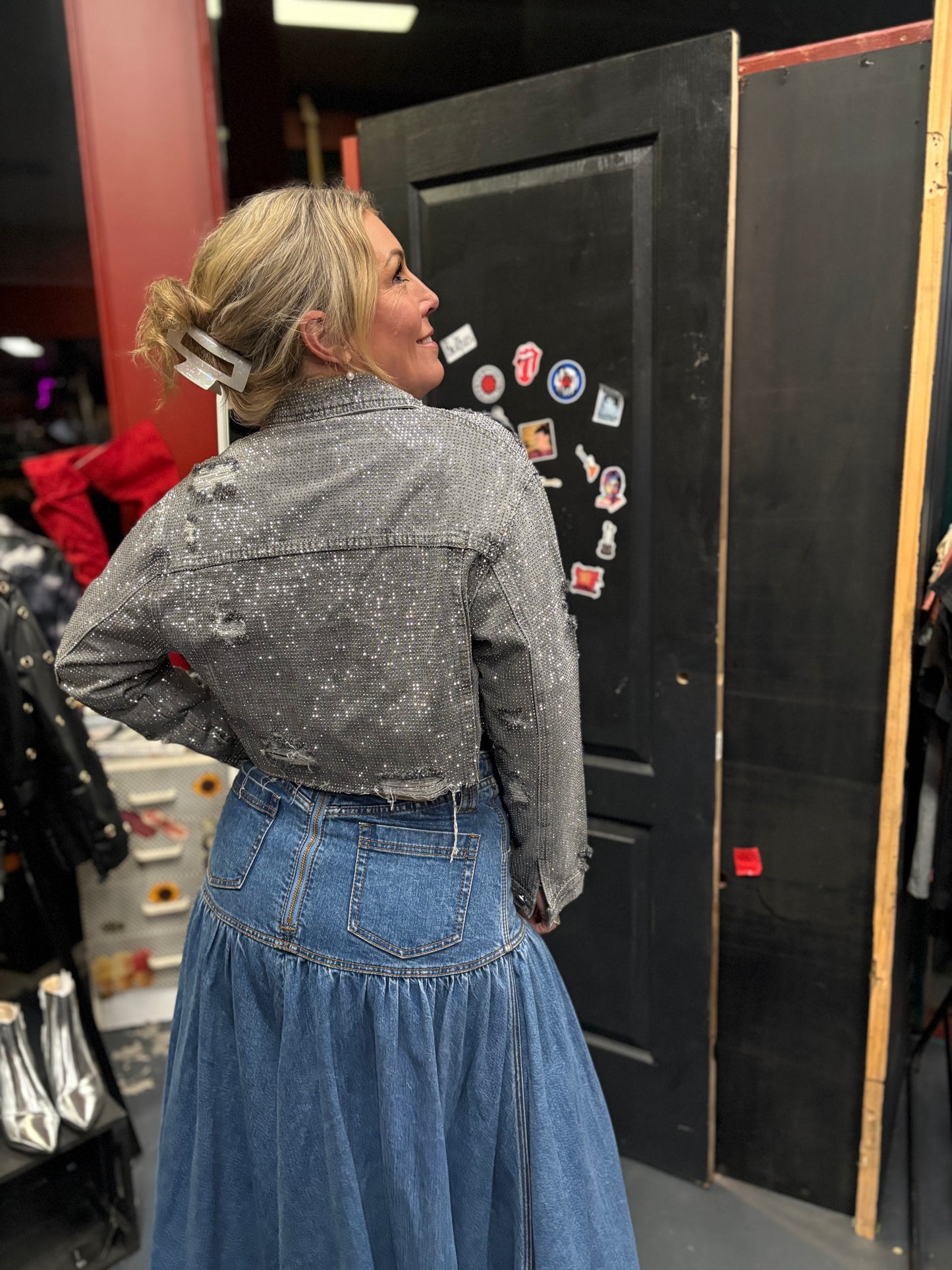 'Diamond Dust' Distressed Denim Crop Jacket