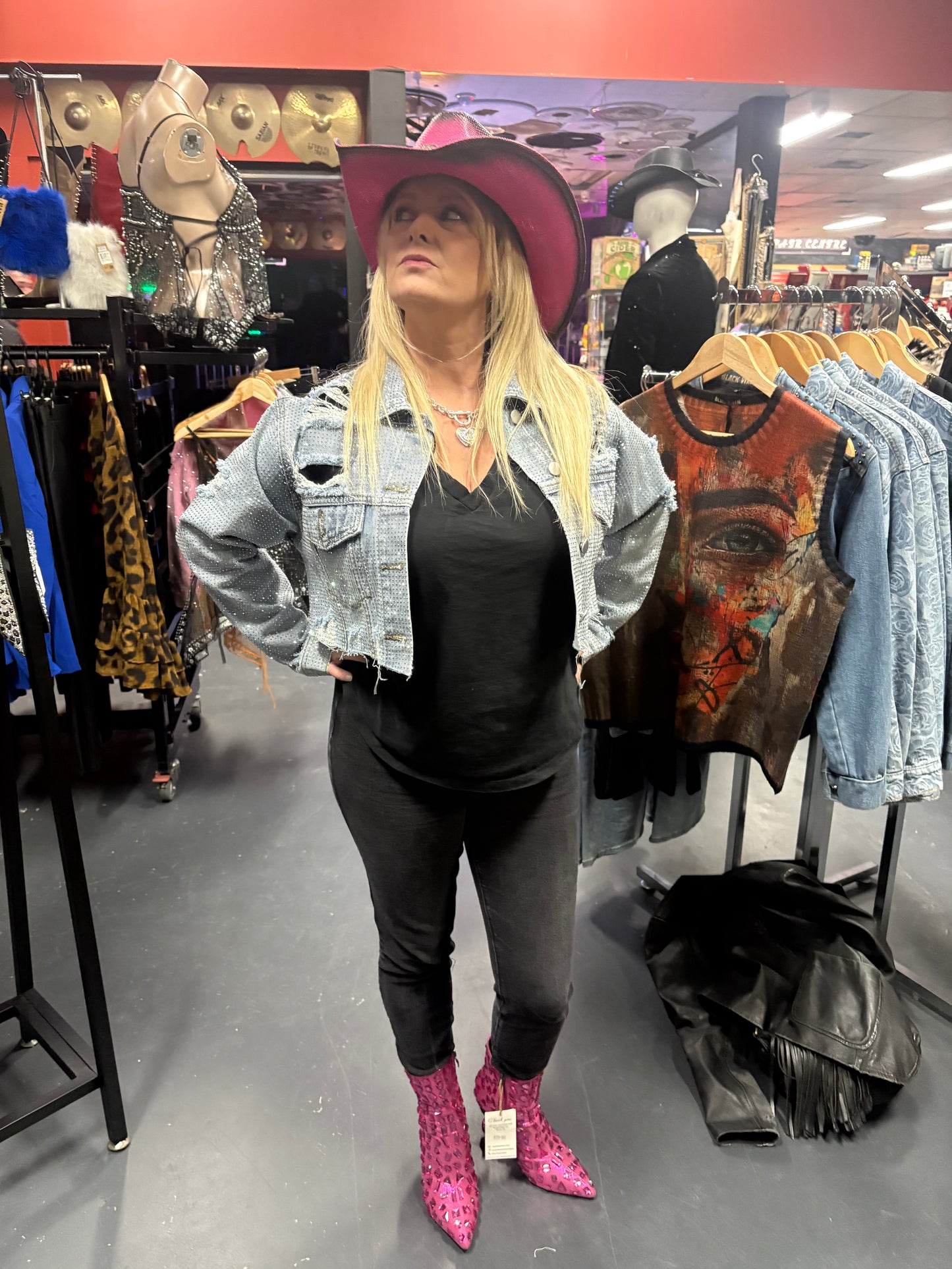 'Diamond Dust' Distressed Denim Crop Jacket
