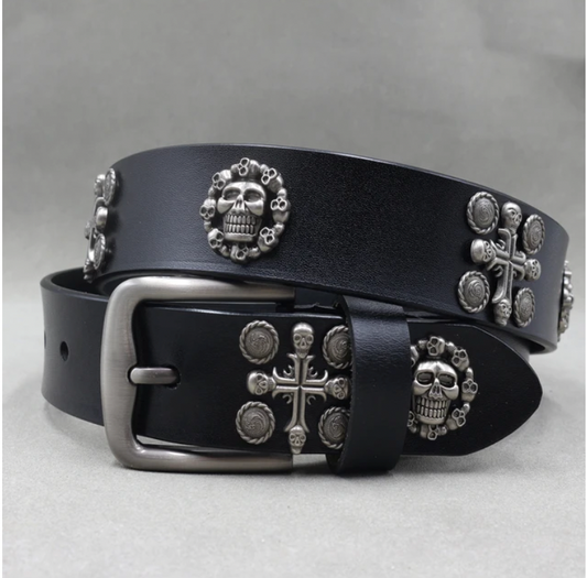 BLACK COW LEATHER CROSS SKULL BELT 125CM