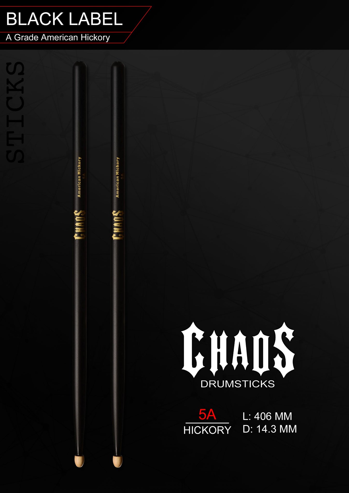 CHAOS 5A BLACK & GOLD DRUMSTICKS