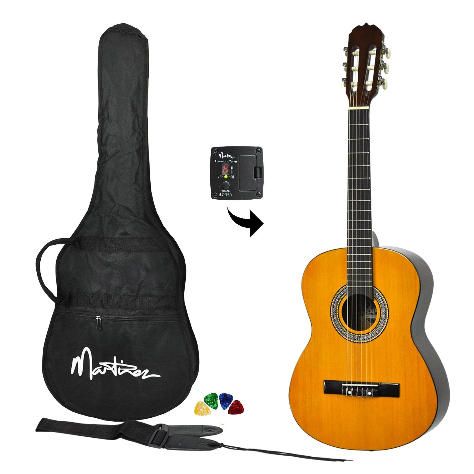 Martinez 'Slim Jim' Full Size Beginner Slim Neck Classical Guitar Pack with Built-In Tuner - Musiclandshop